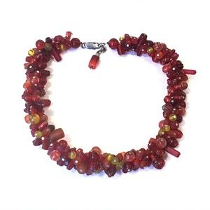 Sterling Silver Red Orange & Yellow Glass Cluster Beads Necklace 17" Long